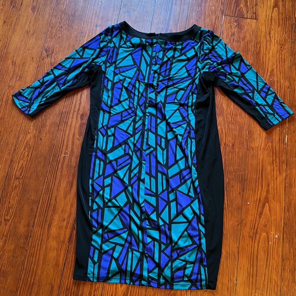 Bob Mackie Wearable Art tunic sheath dress stained glass print perfect, back zip